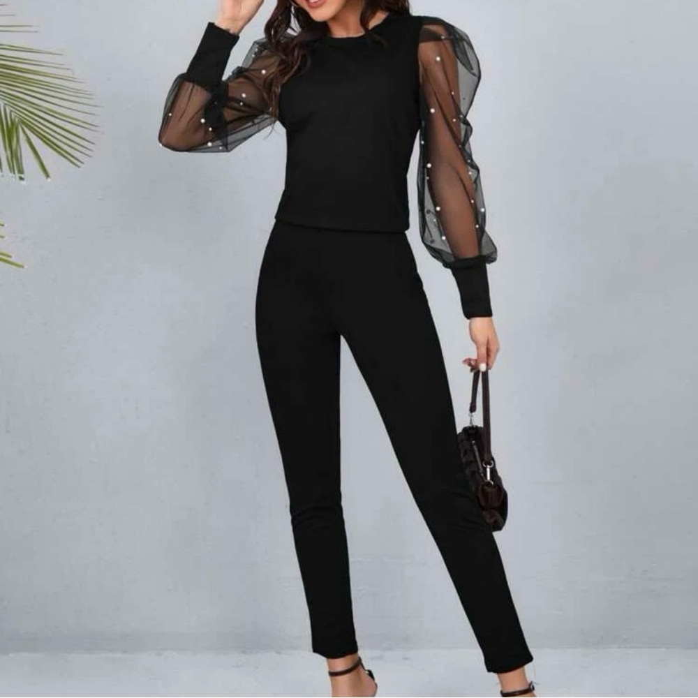 SHEIN Clasi Pearls Beaded Contrast Mesh Gigot Sleeve Top & Pants